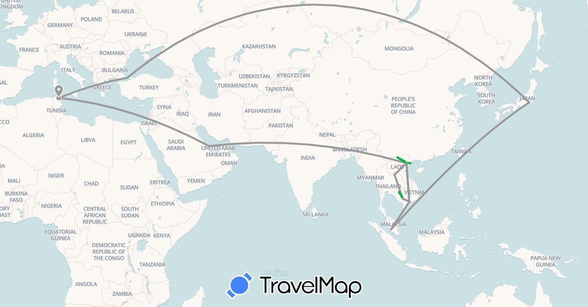 TravelMap itinerary: driving, bus, plane in Japan, Cambodia, Laos, Malaysia, Qatar, Tunisia, Turkey, Vietnam (Africa, Asia)